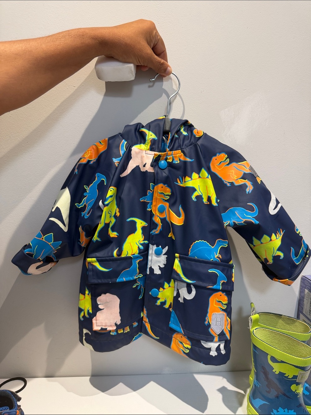 Kids Navy Dinosaur Raincoat with Bright Multicolor Dino Print 9-12